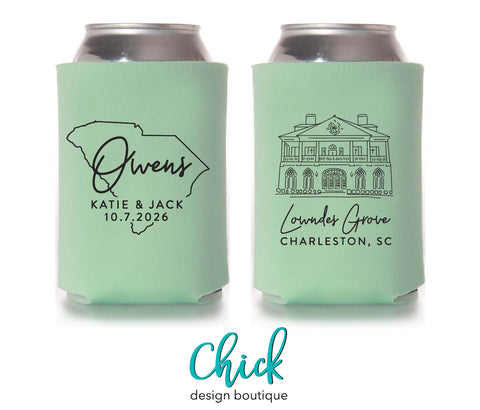 Lowndes Grove, Charleston South Carolina Illustration Wedding Can Cooler VD4