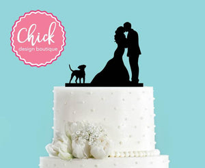 Couple Kissing with Dog Acrylic Wedding Cake Topper