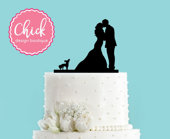 Couple Kissing with Chinese Crested Dog Acrylic Wedding Cake Topper