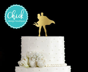 Superhero Couple in Love (Groom Holding Bride) Wedding Cake Topper Hand Painted in Metallic Paint