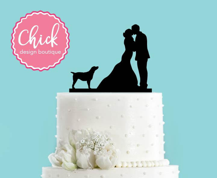 Couple Kissing with Pointer Dog Standing Acrylic Wedding Cake Topper