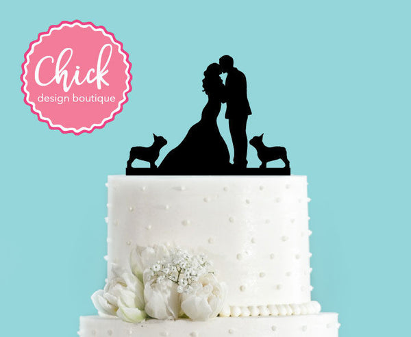 Couple Kissing withTwo French Bulldogs Wedding Cake Topper