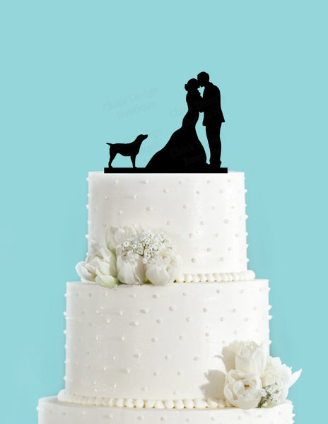 Couple Kissing with Pointer Dog Standing Acrylic Wedding Cake Topper